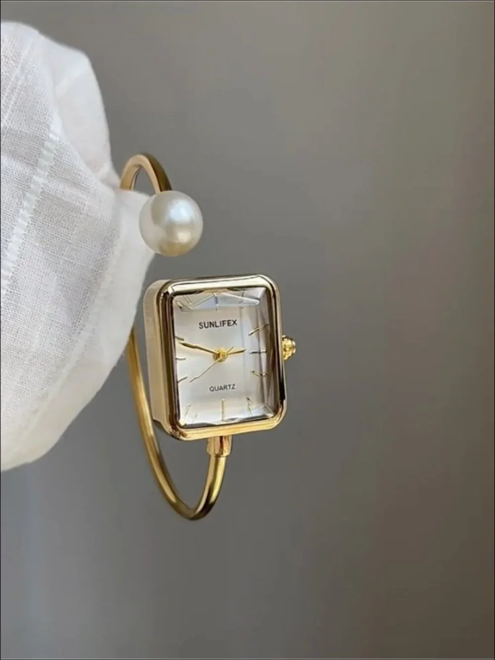Pearl Bangle Watch for Women, Gold Square Dial Easy Read Cuff Watch, Quartz